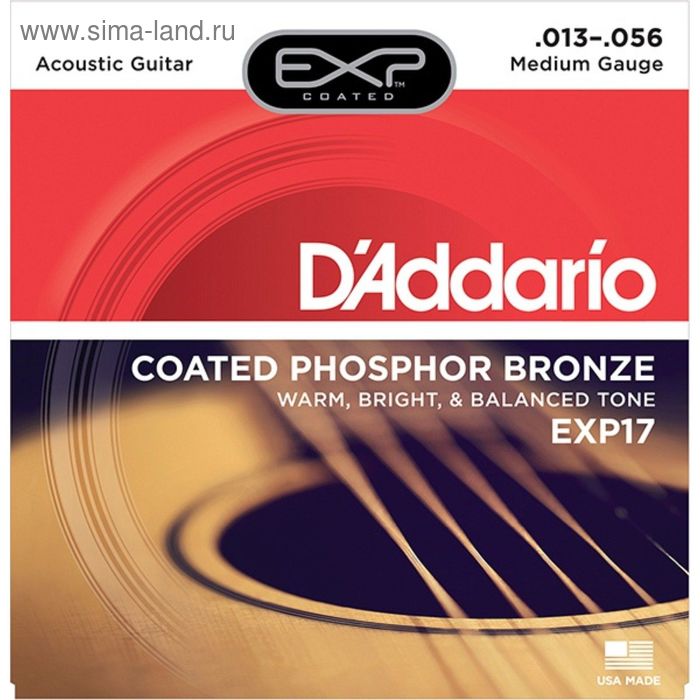 Струны для акустической гитары D'Addario EXP17 Coated Phosphor Bronze , Medium, 13-56 rotosound jk11 strings phosphor bronze струны для акустической гитары покрытие фосфорированная бронза 11 52