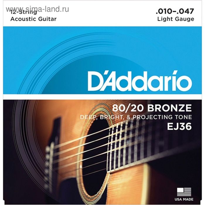 фото Струны для акустической гитары d`addario ej36 bronze 80/20 12-srt light 10-47