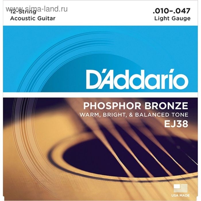 фото Струны для акустической 12-струнной гитары d'addario ej38 phosphor bronze, light, 10-47 d`addario