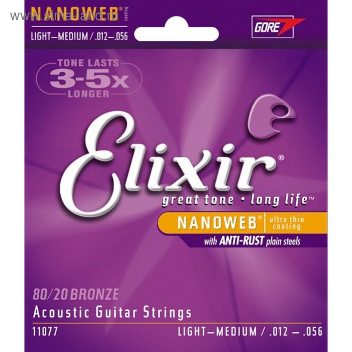 фото Струны для акустической гитары elixir 11077 nanoweb, light-medium, бронза 80/20, 12-56