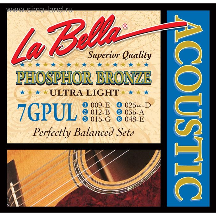 Струны для акустической гитары La Bella 7GPUL Phosphor Bronze, Ultra Light, 9-48 струны для акустической гитары металлические la bella 7gpul 9 48