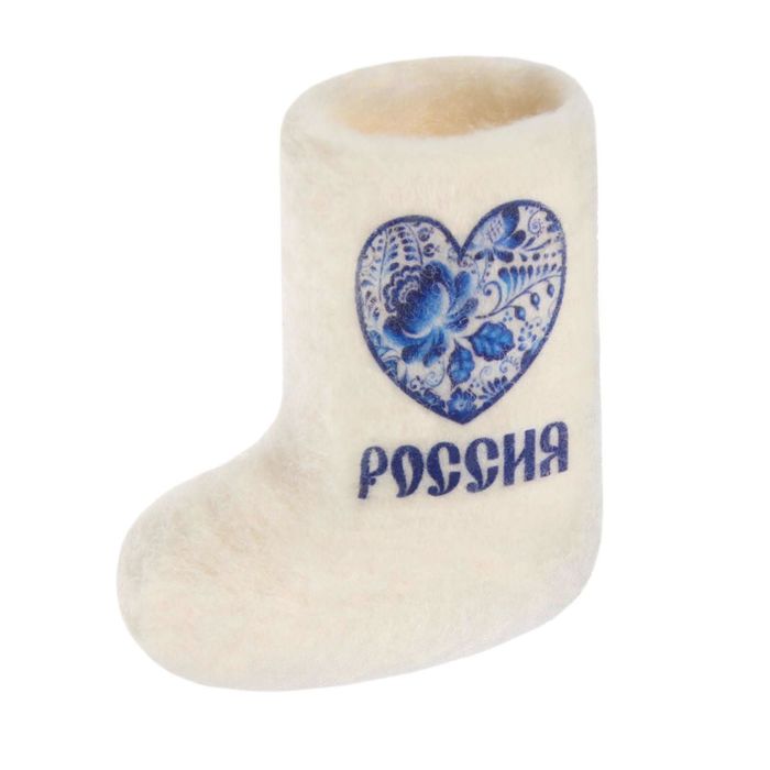 Магнит-валенок из войлока "Россия. Сердце. Гжель", ручная работа