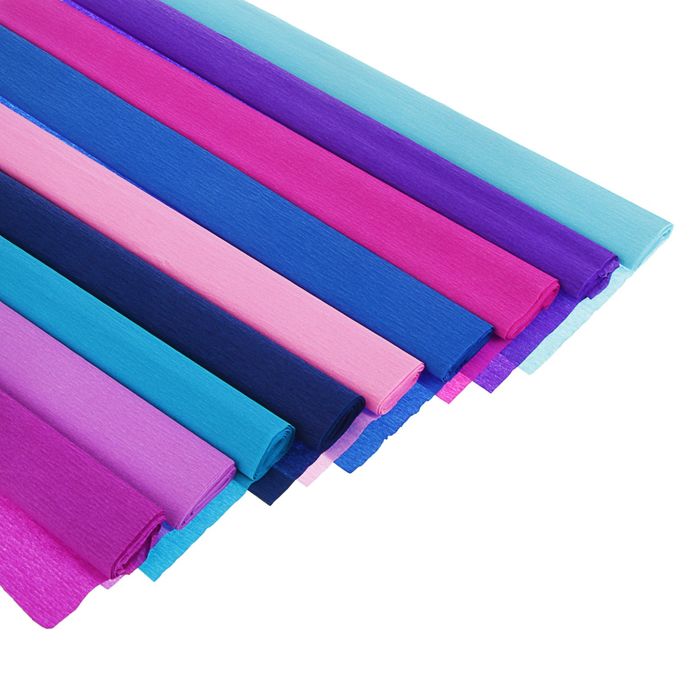Набор бумаги крепированной 50x250см, 32 г/м², 20 штук, 10 цветов, спектр розово-синий, растяжение 55%