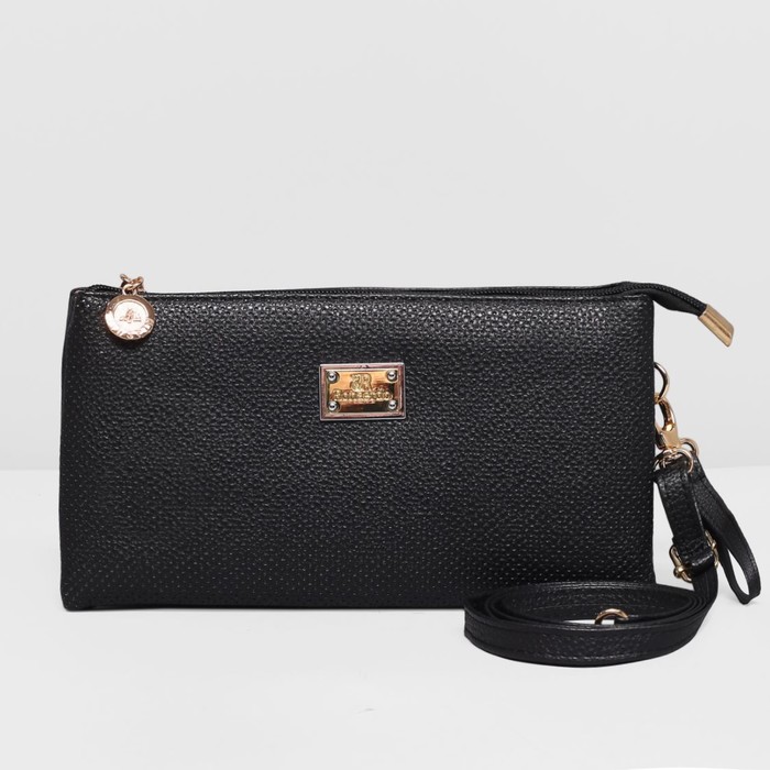 Клатч женский на молнии, 3 отдела, регулируемый ремень, цвет чёрный