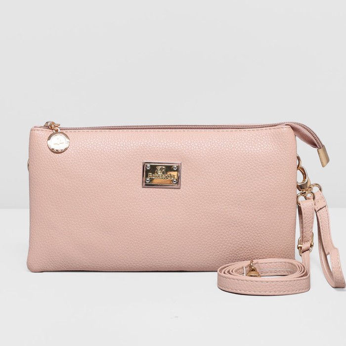 Клатч женский на молнии, 3 отдела, регулируемый ремень, цвет пудра