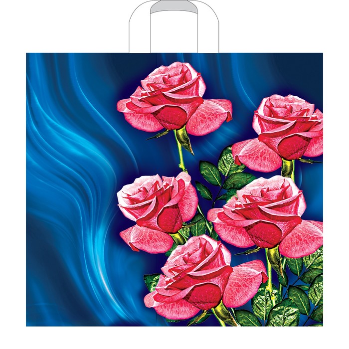 Пакет "Розы на синем", полиэтиленовый с петлевой ручкой, 38х34 см, 100 мкм
