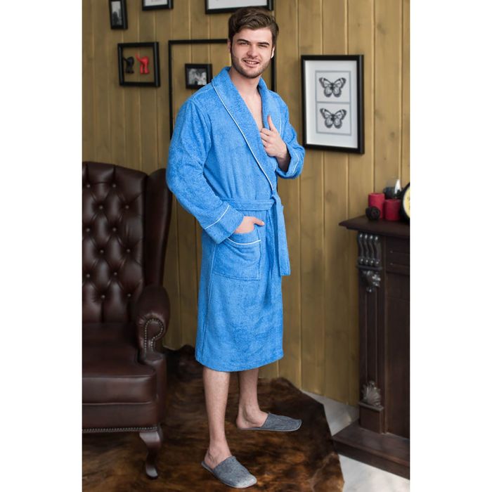 Халат мужской, шалька/кант, размер 52, синий, махра