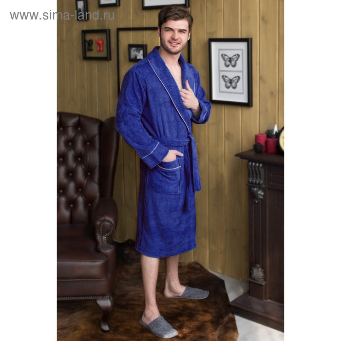 Халат мужской, шалька+кант, размер 54, цвет синий, махра