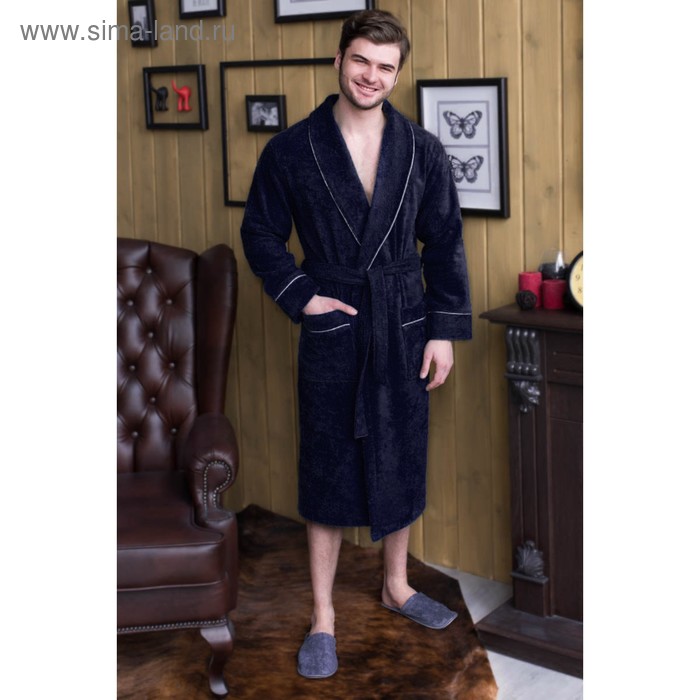 фото Халат мужской, шалька+кант, размер 52, тёмно-синий, махра homeliness
