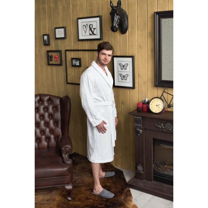 Халат мужской, шалька, размер 56, белый, махра