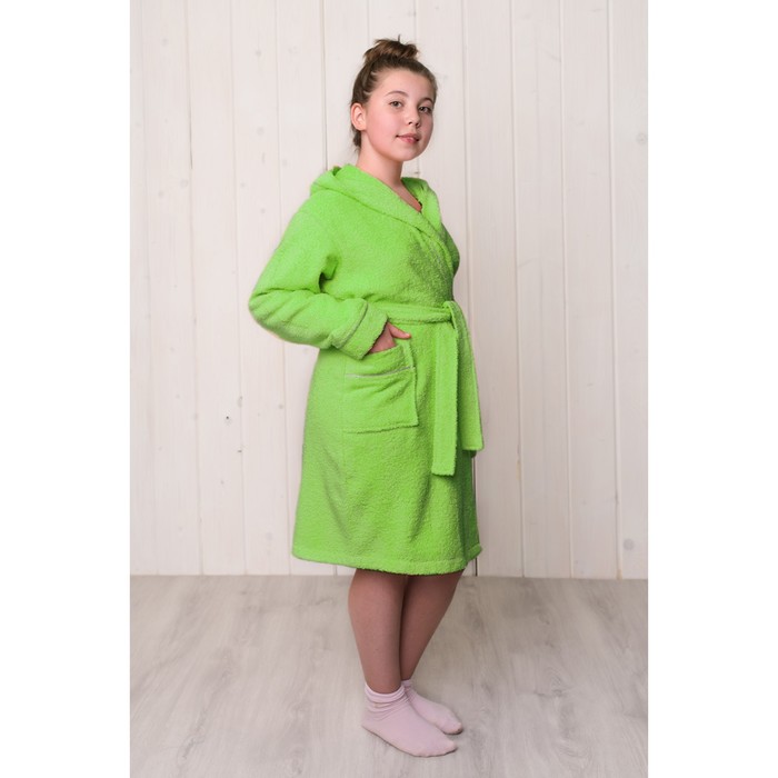 Халат махровый для девочки капюшон+кант, цв. салатовый, рост 128, хл100%