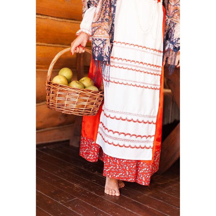 Русский женский костюм, блузка, юбка с фартуком, сорока, цвет красный, р-р 44, рост 172 см