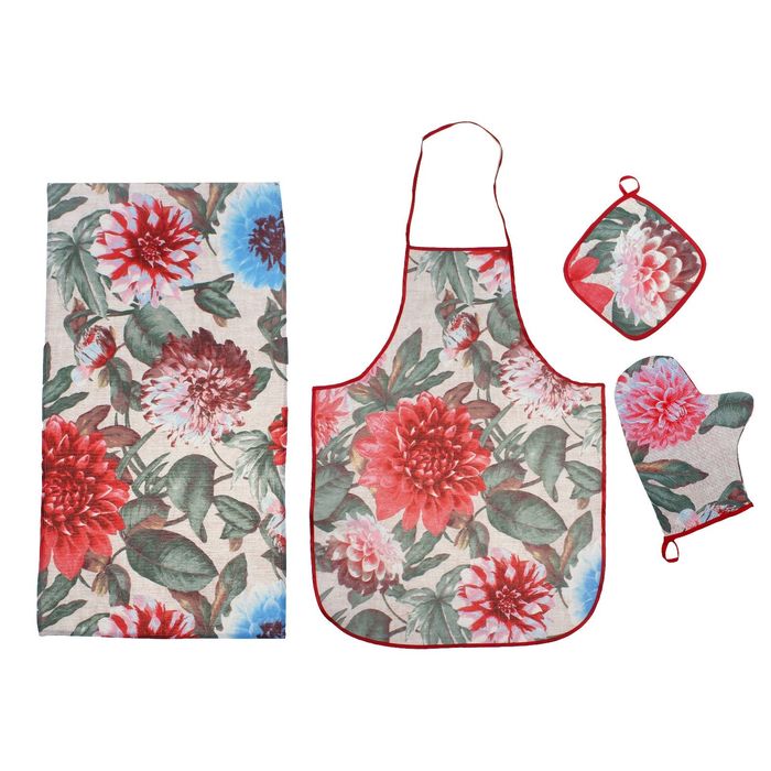 Набор Георгины(фартук, полотенце 40*75, варежка-прихватка, прихватка18*18)рогож, 160г/м хл100% 219