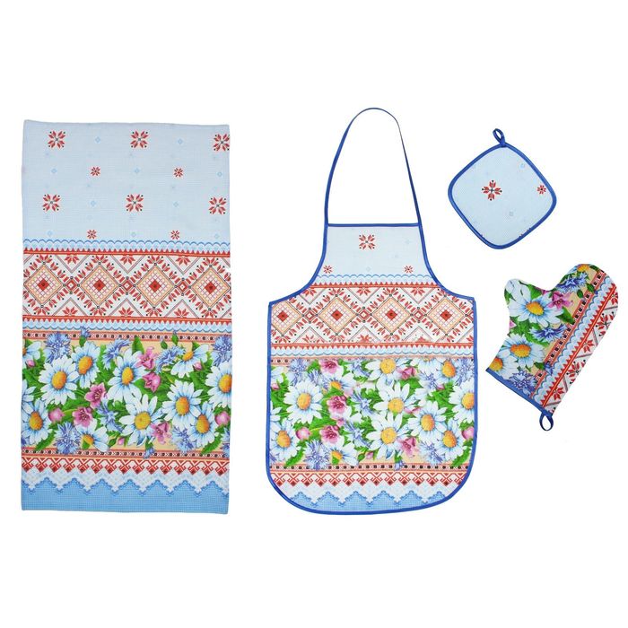 Набор Ромашки(фартук, полотенце 40*75, варежка-прихватка, прихватка18*18)рогож, 160г/м хл100% 2195
