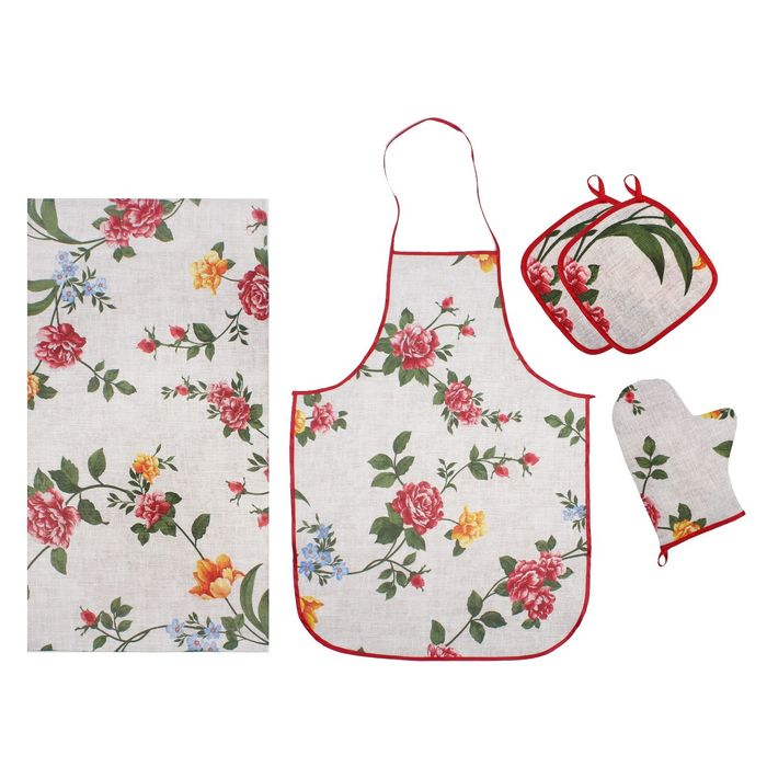 Набор Розы сер(фартук, варежка-прихватка, 2 прихватки18*18, полотенце40*75)рогож, 160г/м хл100% 21