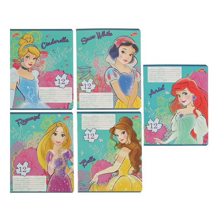 Тетрадь 12 листов узкая линейка "Дисней. Принцессы", обложка мелованный картон, полный УФ-лак, МИКС