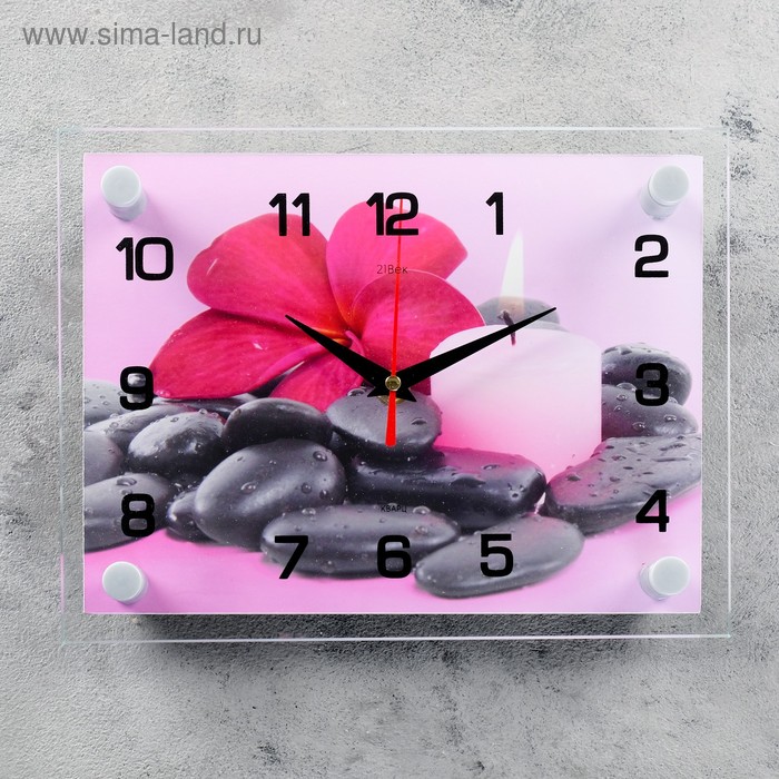 фото Часы настенные, серия: цветы, "цветок на камешках", 20х26 см, микс рубин