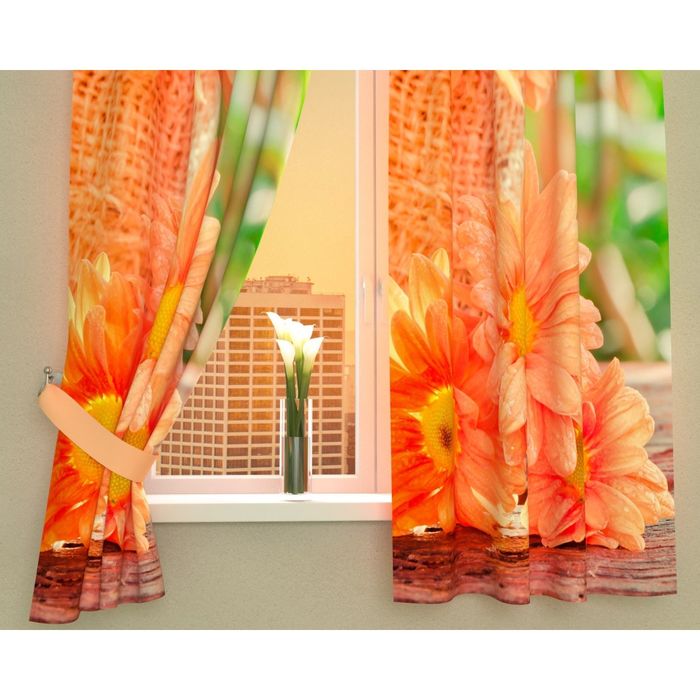 Фотошторы кухонные "Три герберы", размер 145х160 см-2 шт, габардин 02992