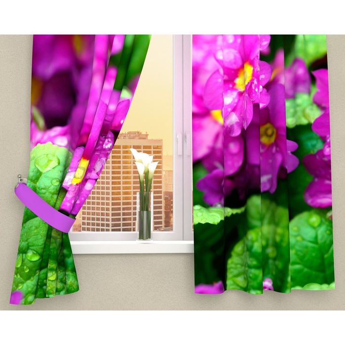 Фотошторы кухонные "Фиалки", размер 145х160 см-2 шт, габардин 03059