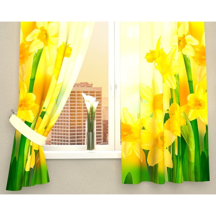 Фотошторы кухонные "Желтые нарциссы", размер 145х160 см-2 шт, габардин 03174