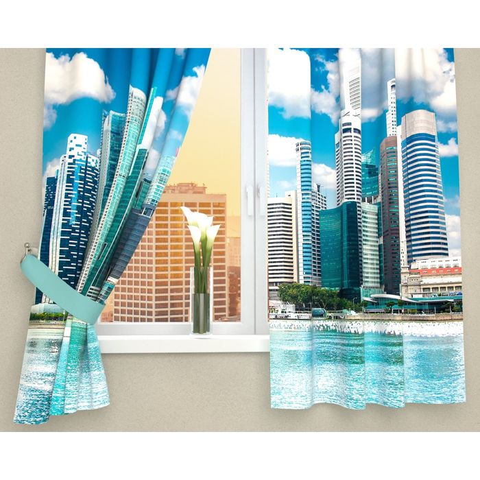 Фотошторы кухонные "Глянцевый город", размер 145х160 см-2 шт, габардин 03410