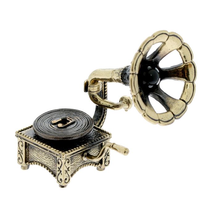 Сувенир из латуни и янтаря "Патефон ажурный с шариком" 3,2х4,5 см