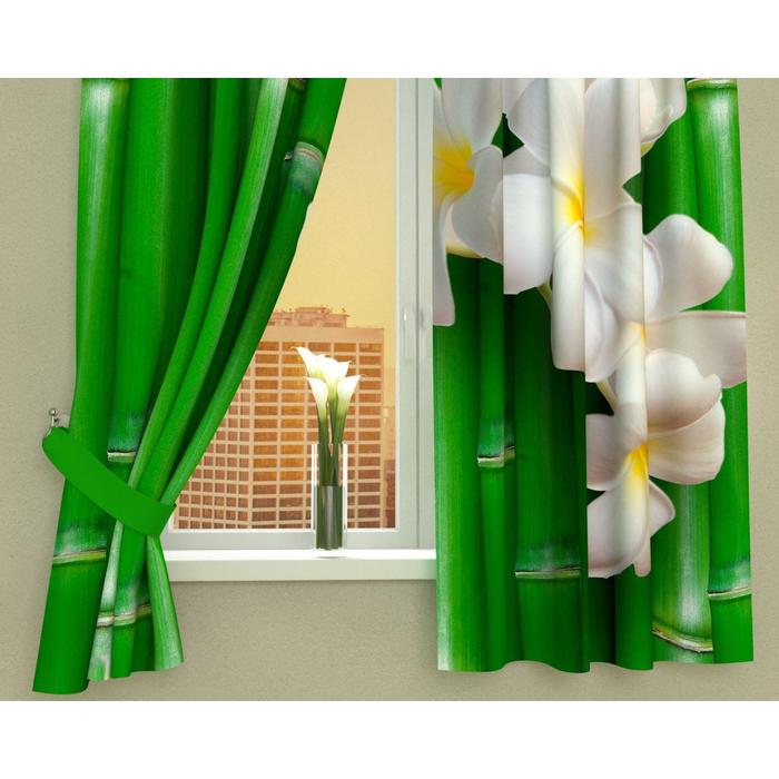 Фотошторы кухонные "Плюмерия и бамбук", размер 145х160 см-2 шт, габардин 00178