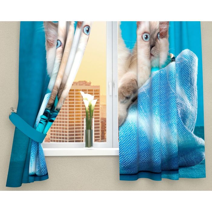 Фотошторы кухонные "Три котенка", размер 145х160 см-2 шт, габардин 01493