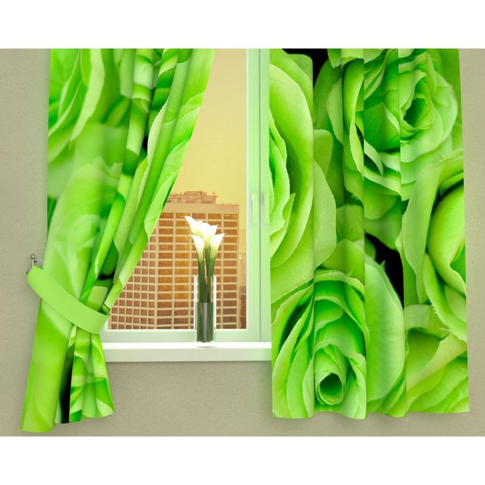 Фотошторы кухонные "Зеленые розы", размер 145х160 см-2 шт, габардин 01825