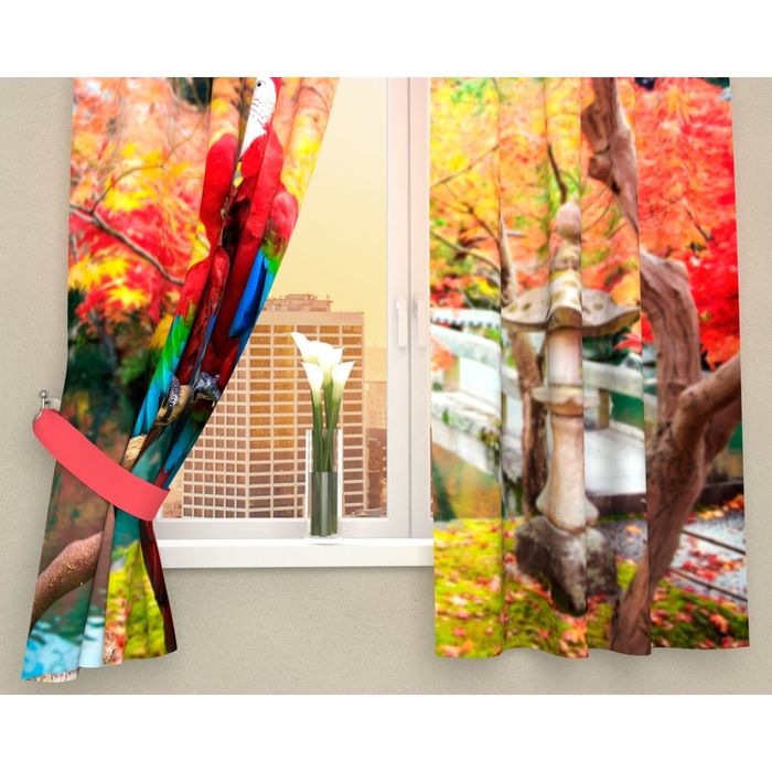 Фотошторы кухонные "Попугаи в Японии", размер 145х160 см-2 шт, габардин 01892
