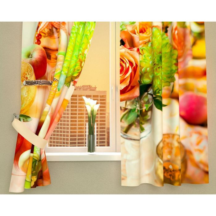 Фотошторы кухонные "За завтраком", размер 145х160 см-2 шт, габардин 01916