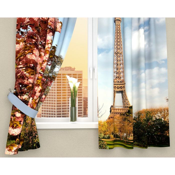 Фотошторы кухонные "Цветущий Париж", размер 145х160 см-2 шт, габардин 02030