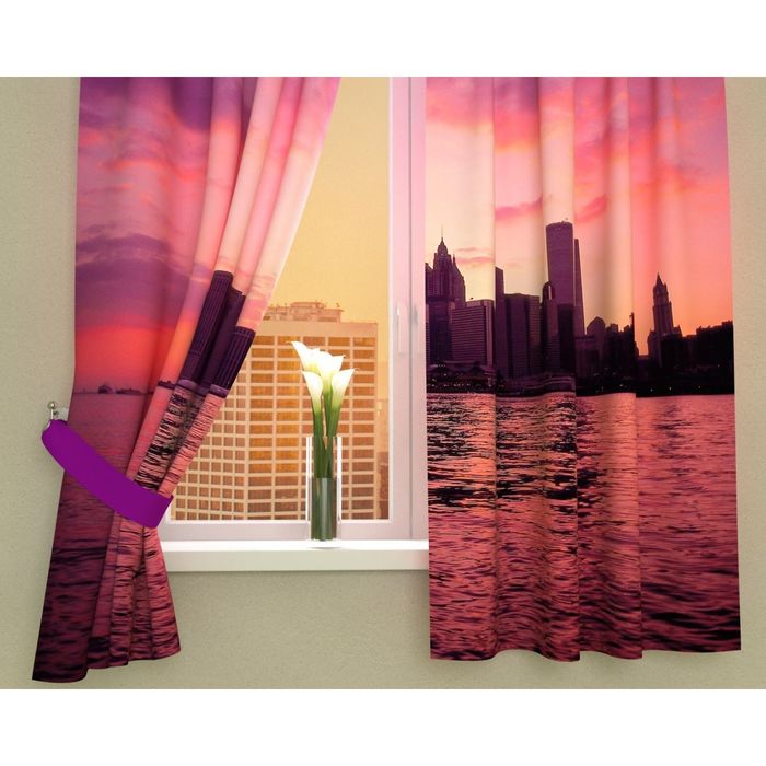 Фотошторы кухонные "Город на горизонте", размер 145х160 см-2 шт, габардин 02906