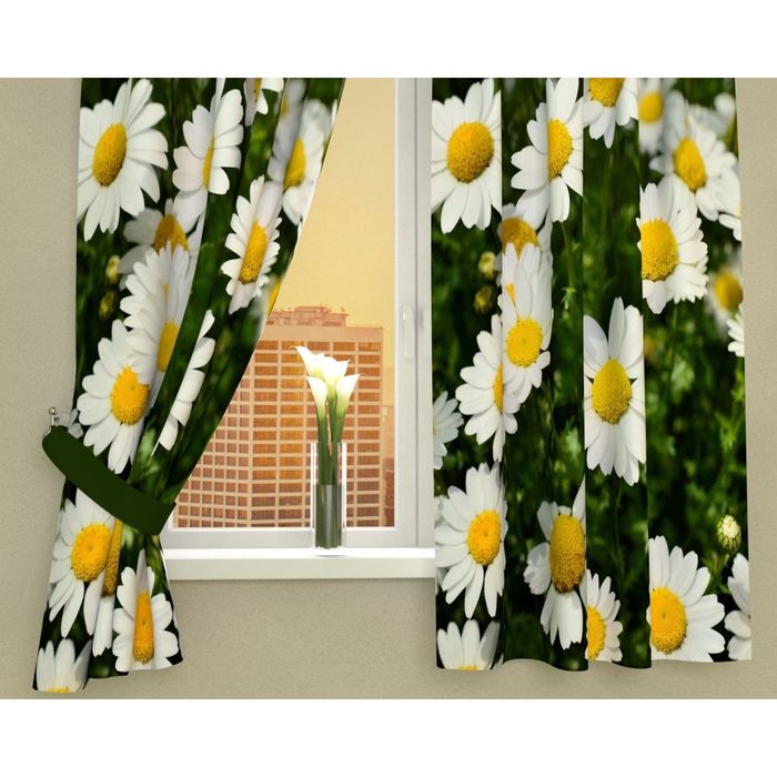 Фотошторы кухонные "Белые ромашки", размер 145х160 см-2 шт, габардин 02935