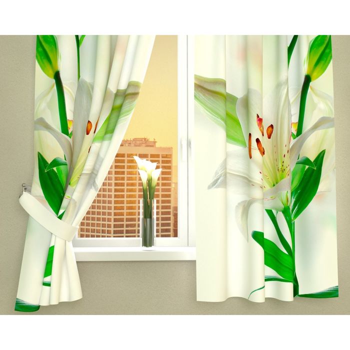 Фотошторы кухонные "Белая лилия", размер 145х160 см-2 шт, габардин 02969
