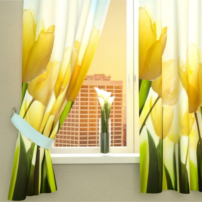 Фотошторы кухонные "Тюльпаны", размер 145х160 см-2 шт, габардин 02971