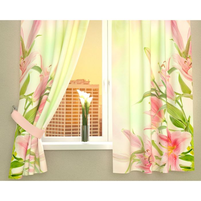 Фотошторы кухонные "Букет розовых лилий", размер 145х160 см-2 шт, габардин 02981