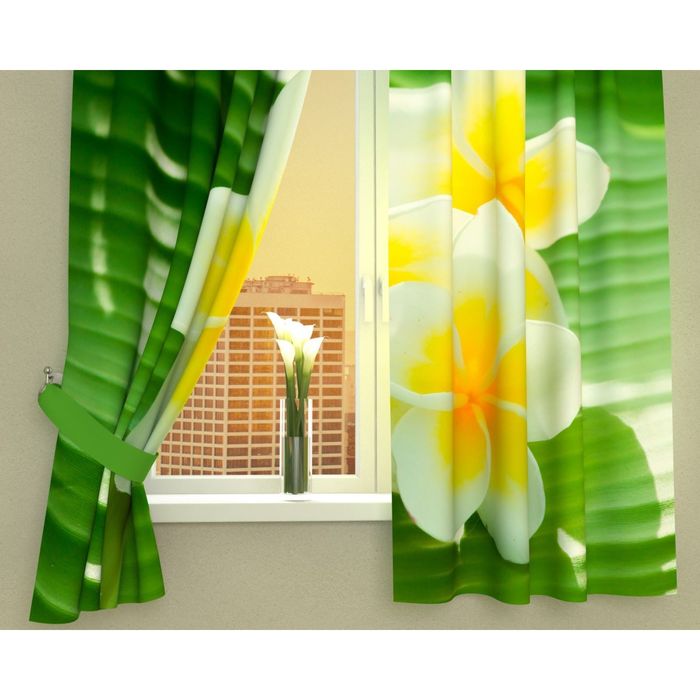 Фотошторы кухонные "Цветы плюмерии", размер 145х160 см-2 шт, габардин 02998