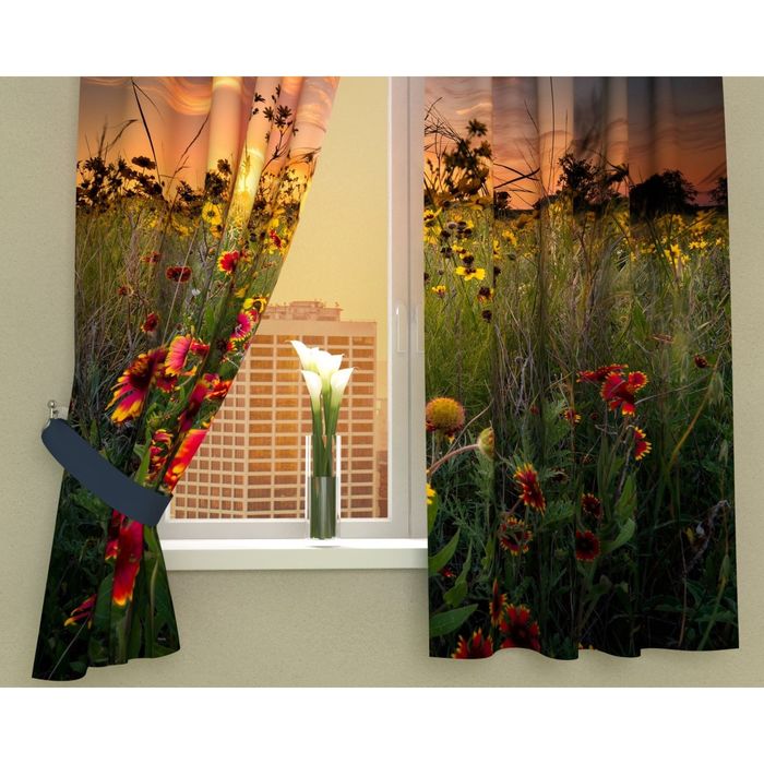 Фотошторы кухонные "Поляна в вечерних красках", размер 145х160 см-2 шт, габардин 03005