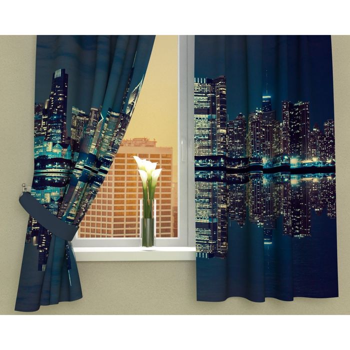 Фотошторы кухонные "Синее отражение", размер 145х160 см-2 шт, габардин 03013