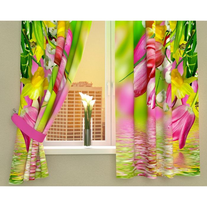 Фотошторы кухонные "Тюльпаны в отражении", размер 145х160 см-2 шт, габардин 03023