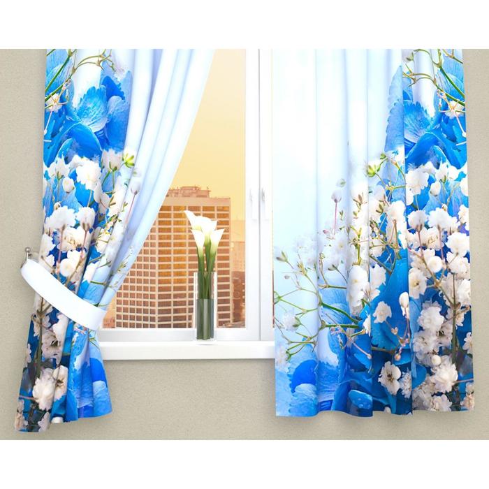 Фотошторы кухонные "Голубой букет", размер 145х160 см-2 шт, габардин 03144
