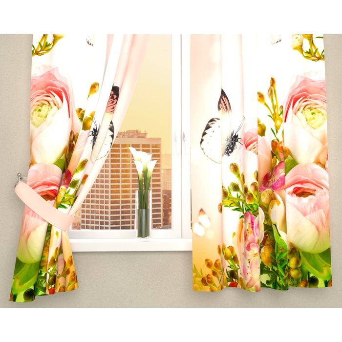 Фотошторы кухонные "Утонченный букет", размер 145х160 см-2 шт, габардин 03181