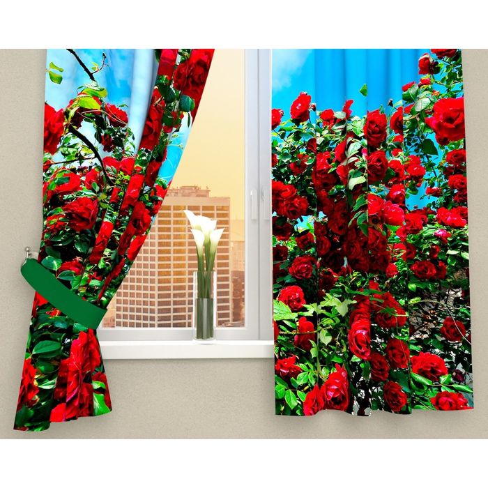 Фотошторы кухонные "Кусты роз", размер 145х160 см-2 шт, габардин 03184