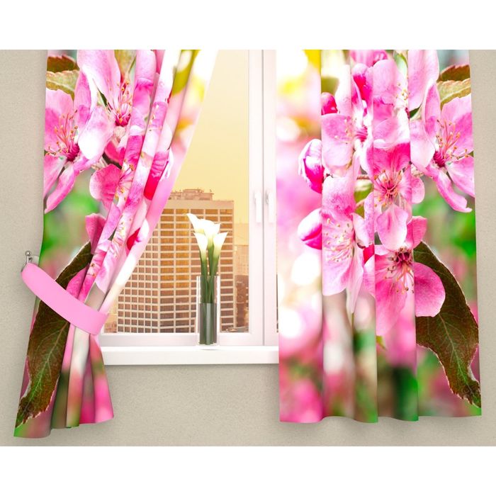 Фотошторы кухонные "Розовая яблонька", размер 145х160 см-2 шт, габардин 03373