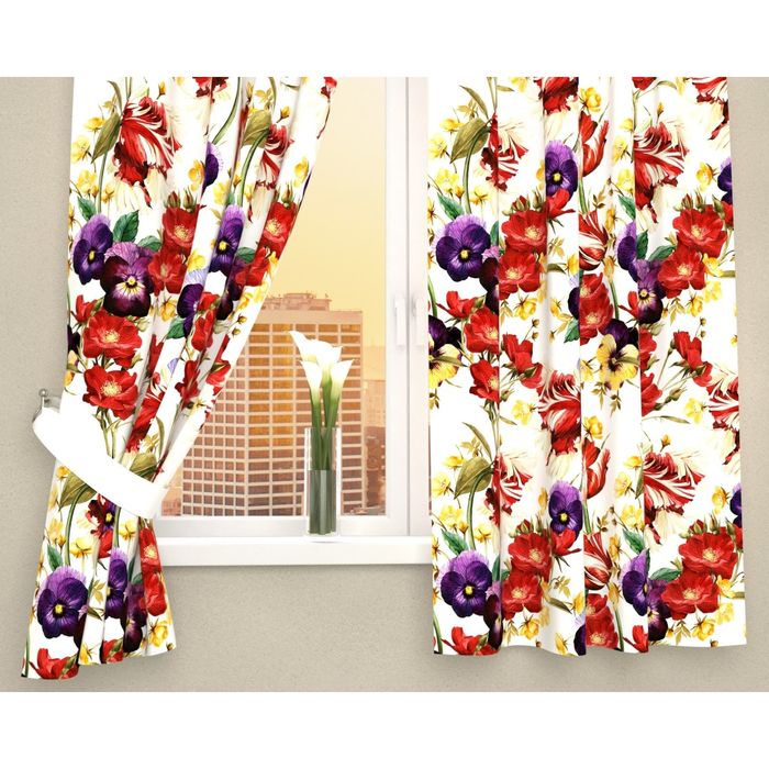 Фотошторы кухонные "Анютины глазки среди цветов", размер 145х160 см-2 шт, габардин 03430