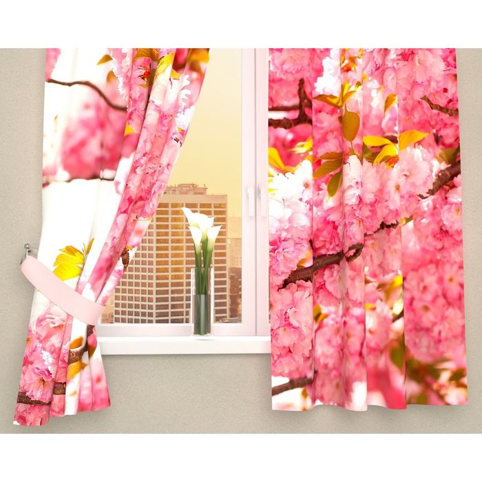 Фотошторы кухонные "Вишневые соцветия", размер 145х160 см-2 шт, габардин 03523