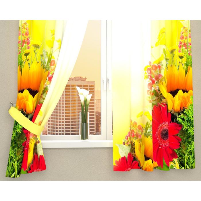 Фотошторы кухонные "Букет из гербер и подсолнухов", размер 145х160 см-2 шт, габардин 03537