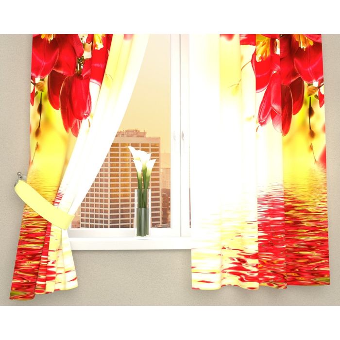 Фотошторы кухонные "Букет с красными цветами", размер 145х160 см-2 шт, габардин 03560