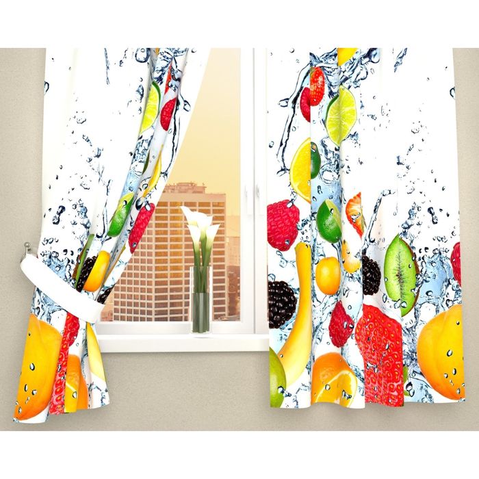 Фотошторы кухонные "Фрукты в воде", размер 145х160 см-2 шт, габардин 03564
